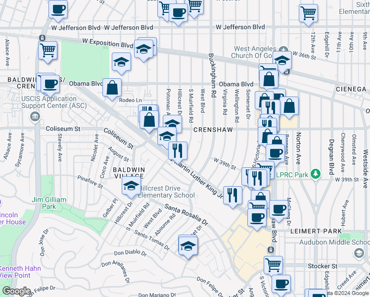map of restaurants, bars, coffee shops, grocery stores, and more near 3821 South Muirfield Road in Los Angeles
