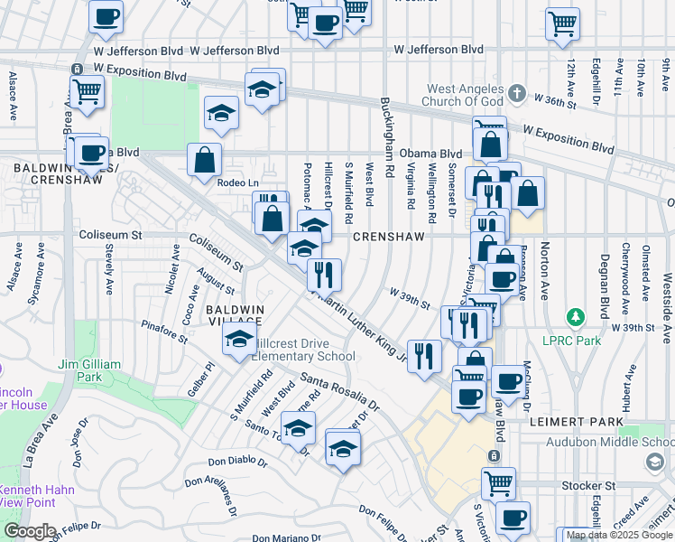 map of restaurants, bars, coffee shops, grocery stores, and more near 3821 South Muirfield Road in Los Angeles