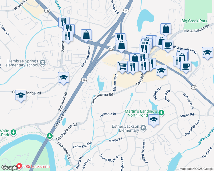 map of restaurants, bars, coffee shops, grocery stores, and more near 1450 Raintree Way in Roswell