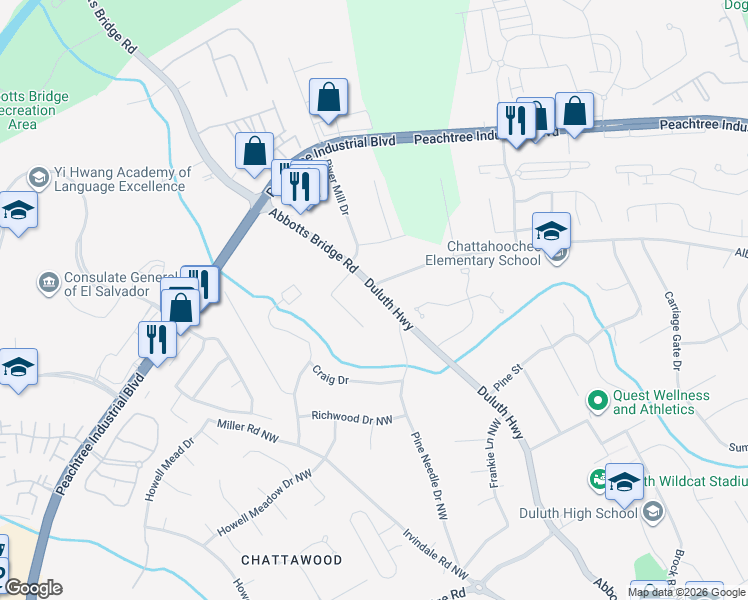 map of restaurants, bars, coffee shops, grocery stores, and more near 4129 Georgia 120 in Duluth