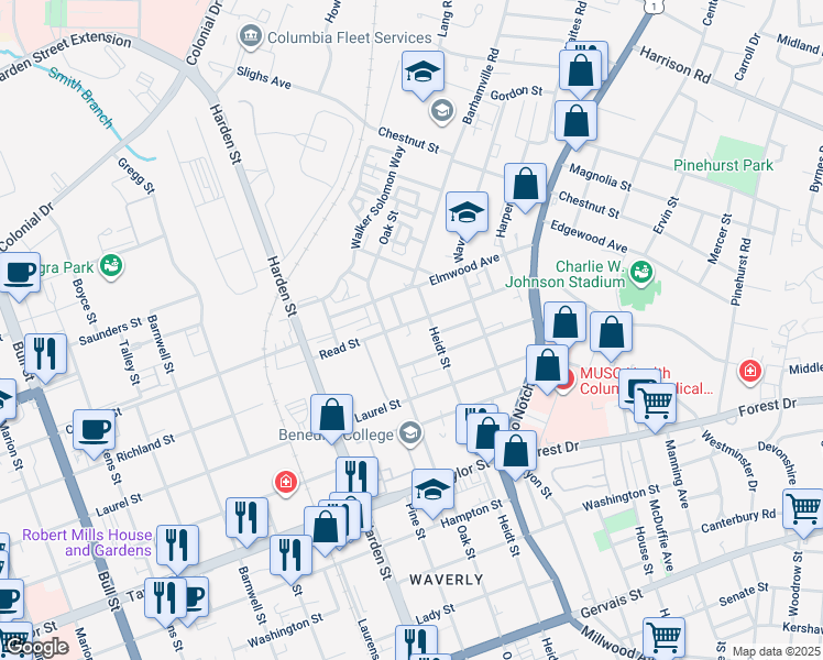 map of restaurants, bars, coffee shops, grocery stores, and more near 2312 Read Street in Columbia