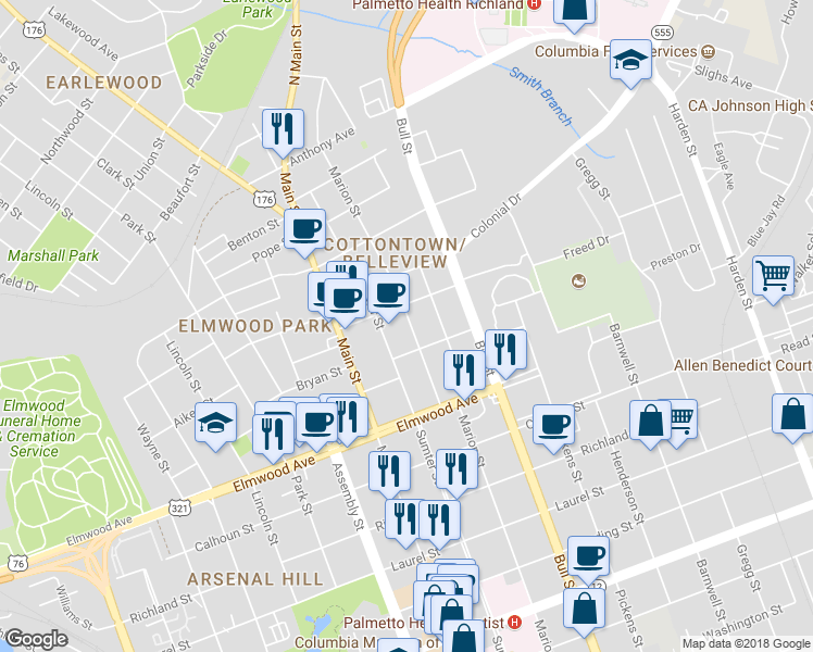 map of restaurants, bars, coffee shops, grocery stores, and more near 2217 Marion Street in Columbia