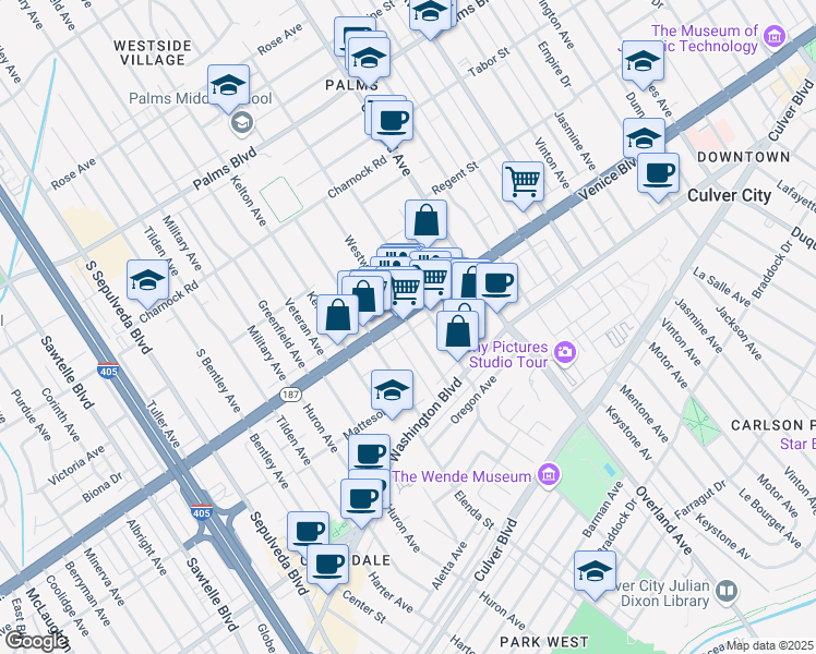 map of restaurants, bars, coffee shops, grocery stores, and more near 10826 Venice Boulevard in Culver City