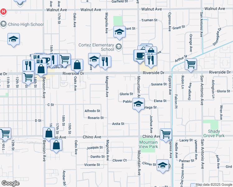 map of restaurants, bars, coffee shops, grocery stores, and more near 13022 Scarborough Avenue in Chino