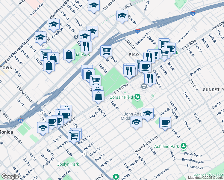 map of restaurants, bars, coffee shops, grocery stores, and more near 1847 14th Street in Santa Monica