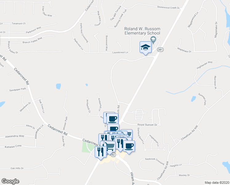 map of restaurants, bars, coffee shops, grocery stores, and more near 400 Old Dallas Acworth Road in Dallas