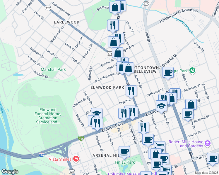 map of restaurants, bars, coffee shops, grocery stores, and more near 1031 Price Avenue in Columbia