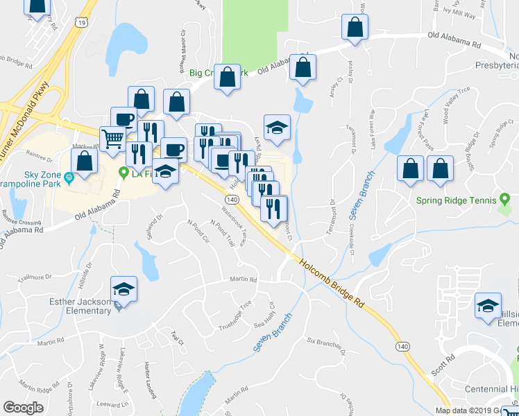 map of restaurants, bars, coffee shops, grocery stores, and more near 1580 Holcomb Bridge Road in Roswell
