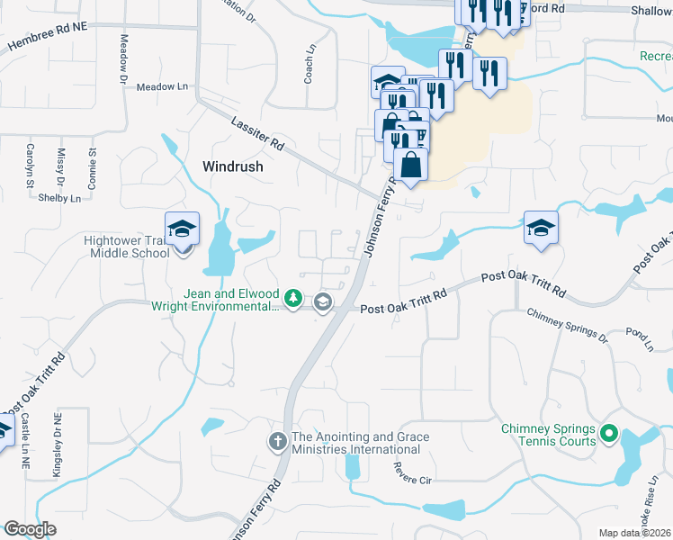 map of restaurants, bars, coffee shops, grocery stores, and more near 104 Robyn Way in Marietta