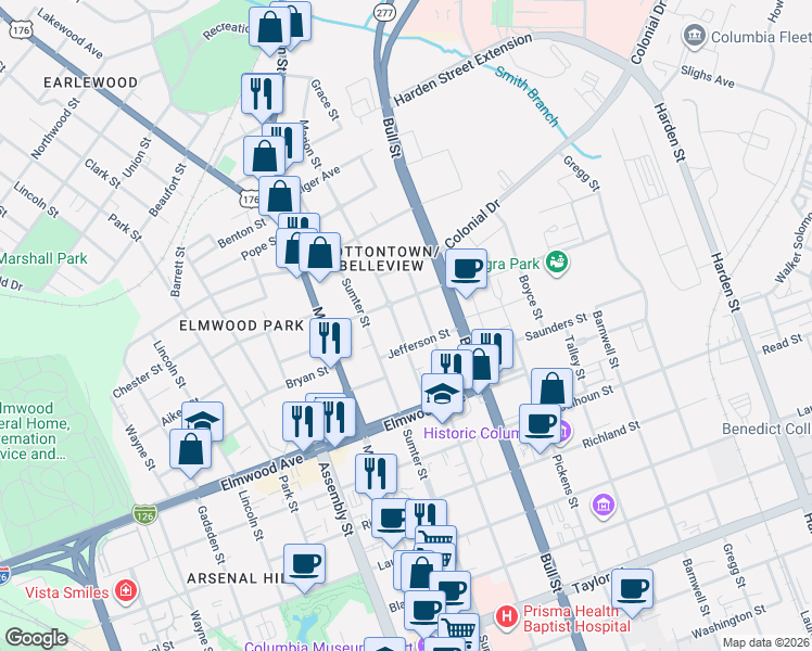 map of restaurants, bars, coffee shops, grocery stores, and more near 2222 Marion Street in Columbia