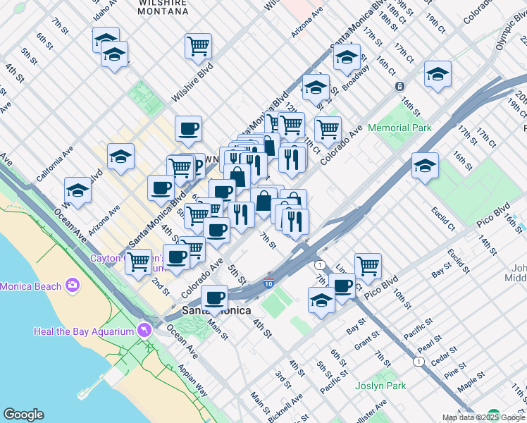 map of restaurants, bars, coffee shops, grocery stores, and more near in Santa Monica