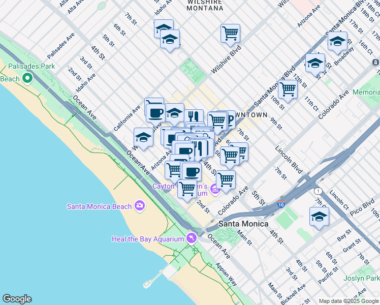 map of restaurants, bars, coffee shops, grocery stores, and more near 1357 4th Street in Santa Monica