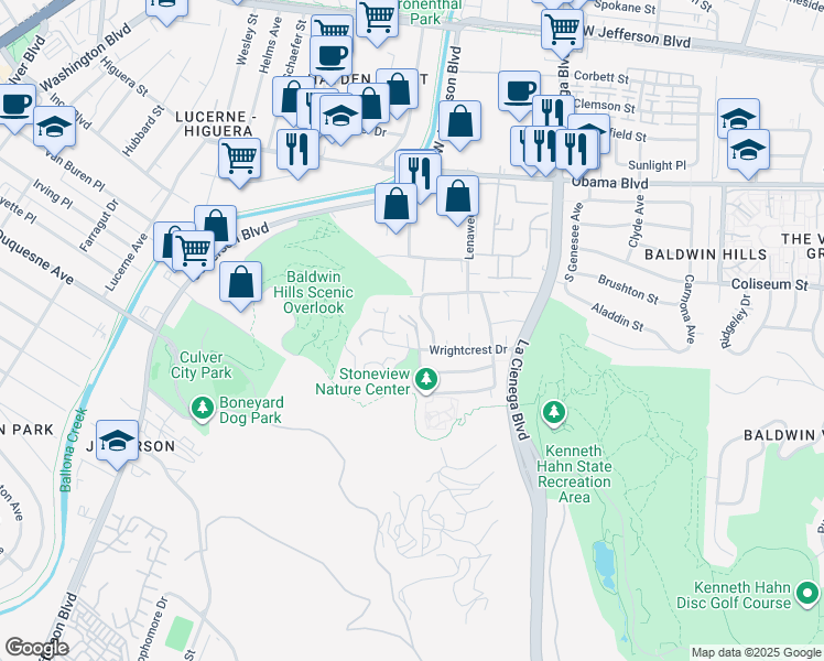 map of restaurants, bars, coffee shops, grocery stores, and more near 5961 Wrightcrest Drive in Culver City