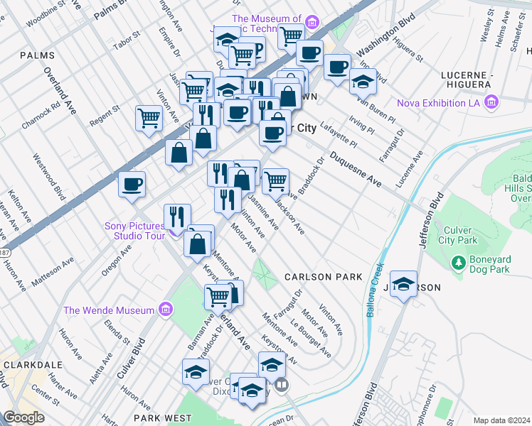 map of restaurants, bars, coffee shops, grocery stores, and more near 4152 Jasmine Avenue in Culver City