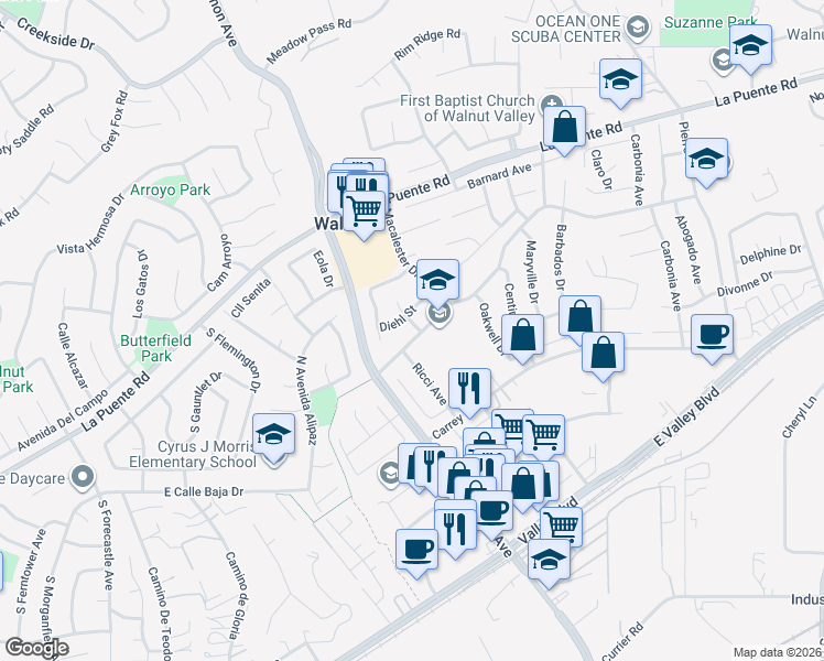 map of restaurants, bars, coffee shops, grocery stores, and more near 20163 East Vejar Road in Walnut