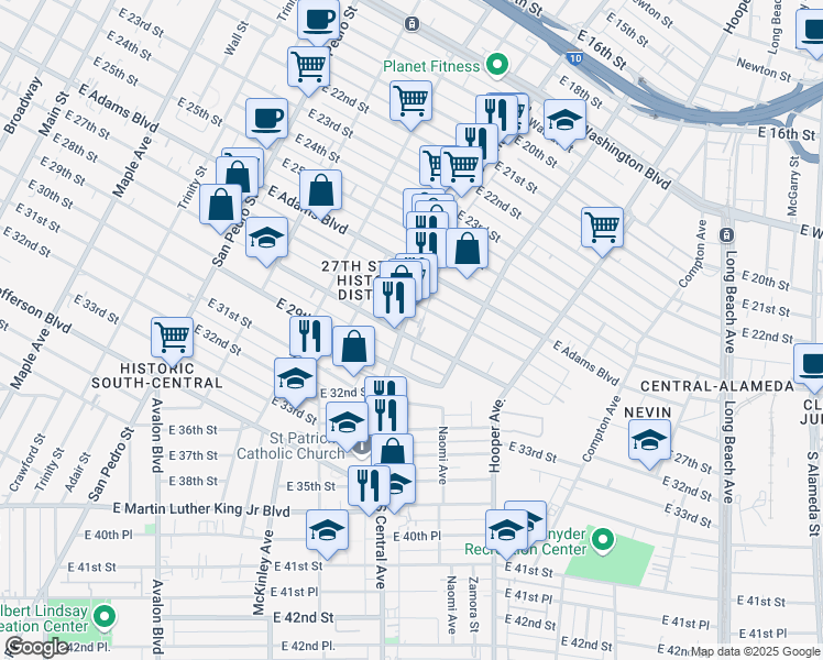 map of restaurants, bars, coffee shops, grocery stores, and more near 2718 South Central Avenue in Los Angeles