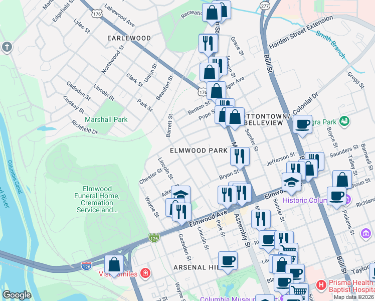map of restaurants, bars, coffee shops, grocery stores, and more near 2425 Clark Street in Columbia