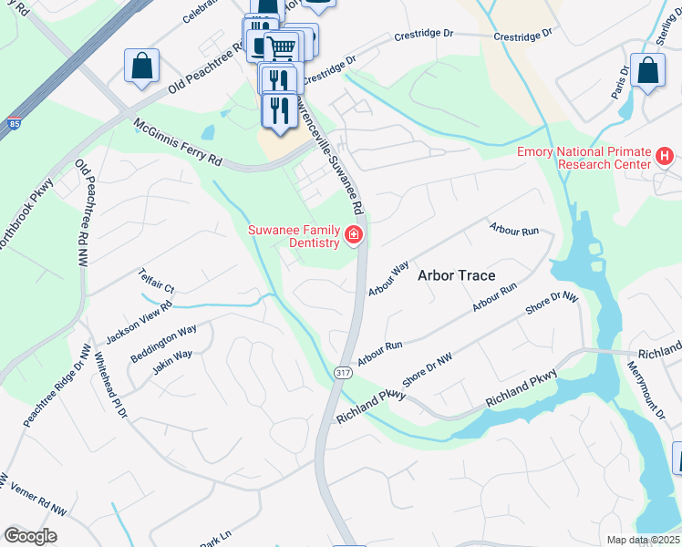 map of restaurants, bars, coffee shops, grocery stores, and more near 2534 Falcon Chase Court in Suwanee