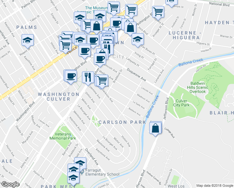 map of restaurants, bars, coffee shops, grocery stores, and more near 4135 La Salle Avenue in Culver City