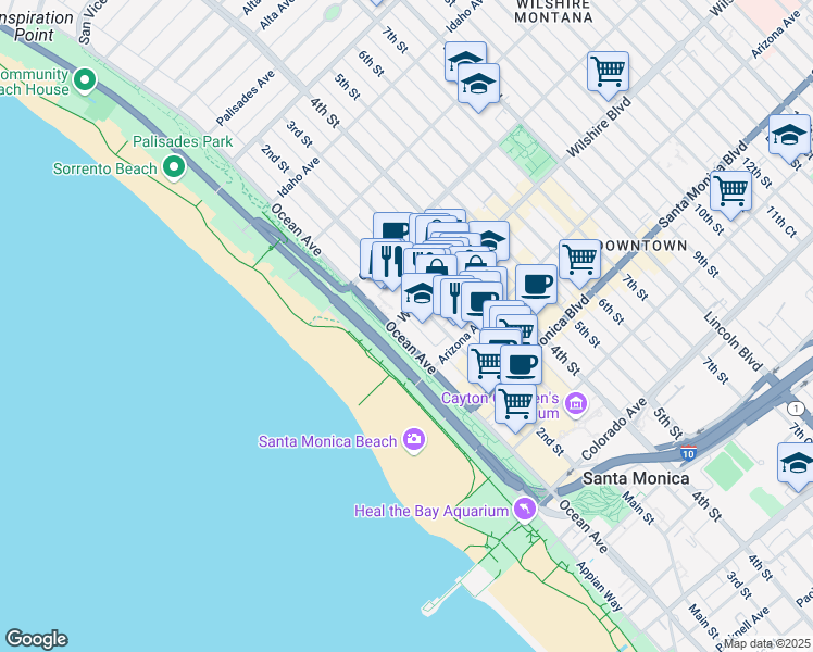 map of restaurants, bars, coffee shops, grocery stores, and more near 124 Wilshire Boulevard in Santa Monica