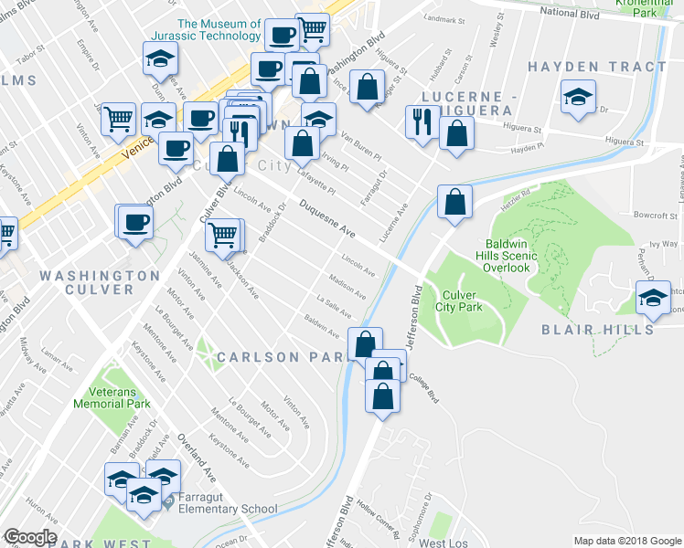 map of restaurants, bars, coffee shops, grocery stores, and more near 4224 Madison Avenue in Culver City