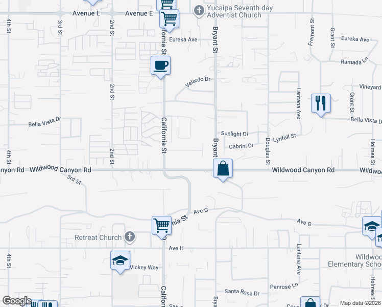 map of restaurants, bars, coffee shops, grocery stores, and more near 35211 Elm Lane in Yucaipa