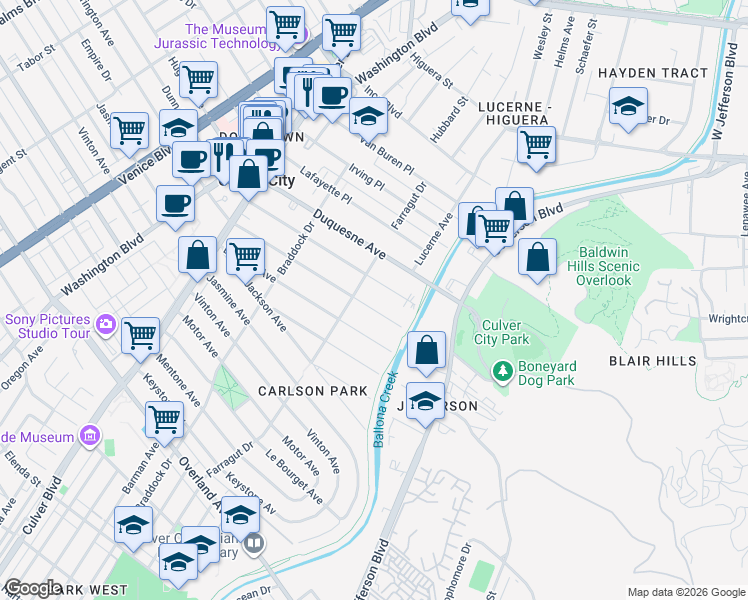 map of restaurants, bars, coffee shops, grocery stores, and more near 4224 Madison Avenue in Culver City