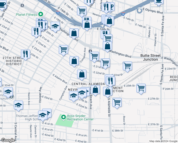 map of restaurants, bars, coffee shops, grocery stores, and more near 2131 Long Beach Avenue in Vernon