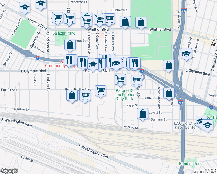 map of restaurants, bars, coffee shops, grocery stores, and more near 1266 South Herbert Avenue in Los Angeles