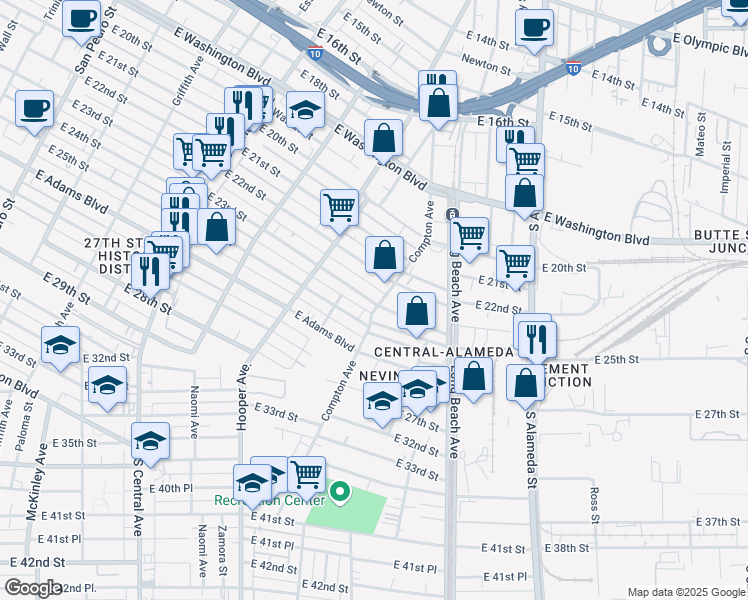 map of restaurants, bars, coffee shops, grocery stores, and more near 1579 East 23rd Street in Los Angeles