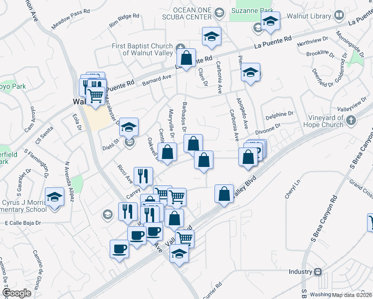 map of restaurants, bars, coffee shops, grocery stores, and more near 20543 Fuero Drive in Walnut