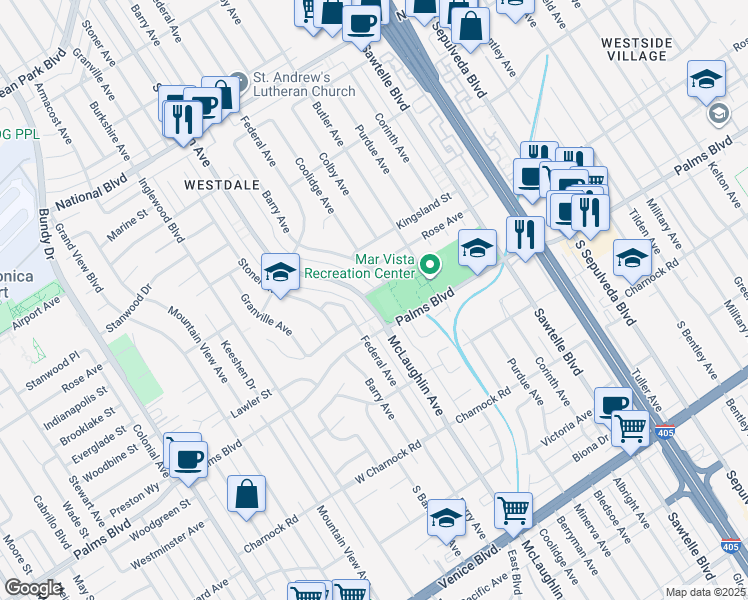 map of restaurants, bars, coffee shops, grocery stores, and more near 3400 McLaughlin Avenue in Los Angeles