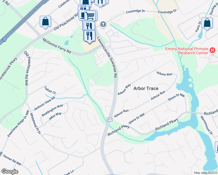 map of restaurants, bars, coffee shops, grocery stores, and more near 2534 Falcon Chase Ct in Suwanee