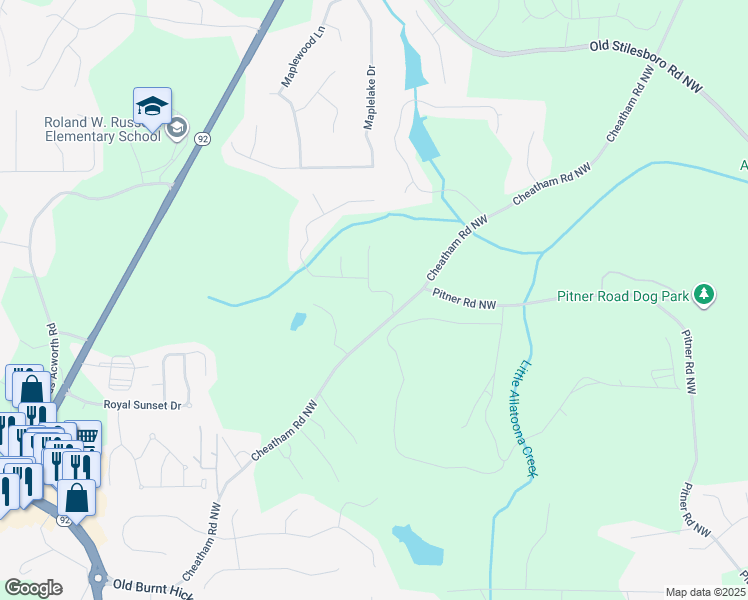 map of restaurants, bars, coffee shops, grocery stores, and more near 905 Cheatham Road Northwest in Acworth