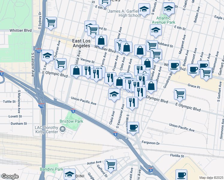 map of restaurants, bars, coffee shops, grocery stores, and more near 5010 East Olympic Boulevard in East Los Angeles