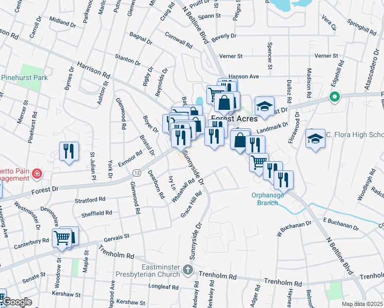map of restaurants, bars, coffee shops, grocery stores, and more near 1580 Sunnyside Drive in Columbia