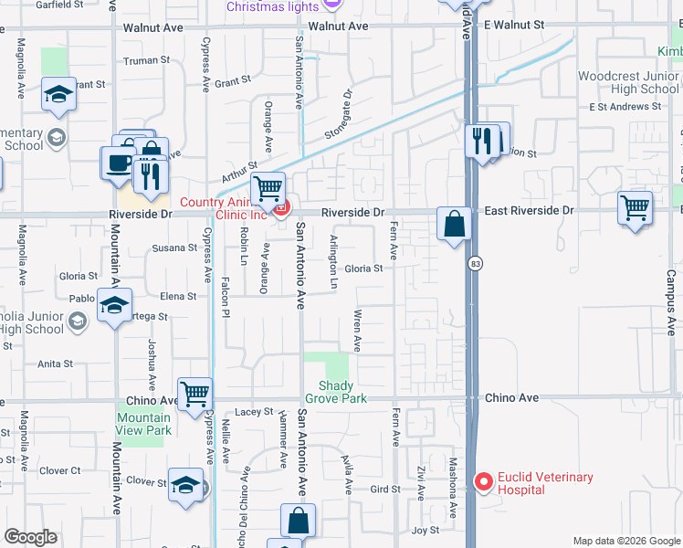 map of restaurants, bars, coffee shops, grocery stores, and more near 6805 Gloria Street in Chino