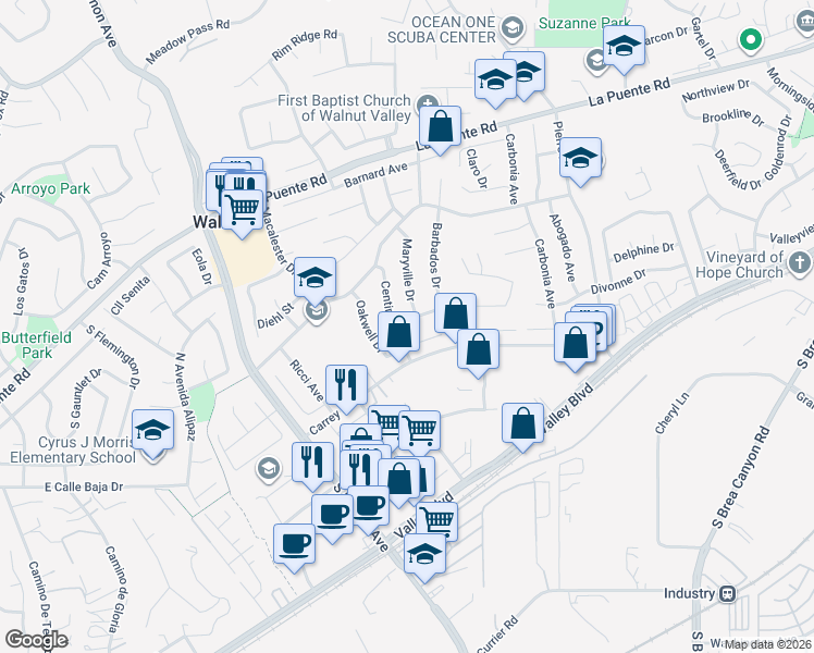 map of restaurants, bars, coffee shops, grocery stores, and more near 20510 Divonne Drive in Walnut