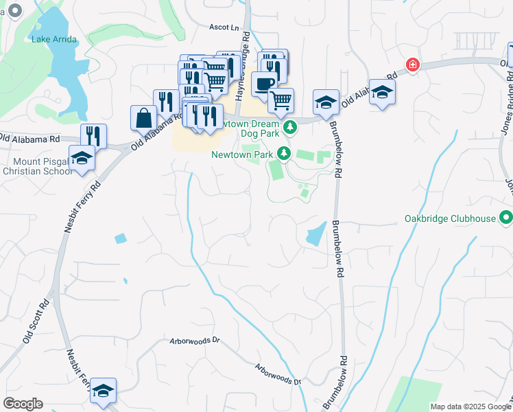 map of restaurants, bars, coffee shops, grocery stores, and more near 9770 Rod Road in Alpharetta