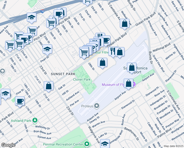 map of restaurants, bars, coffee shops, grocery stores, and more near 2800 28th Street in Santa Monica