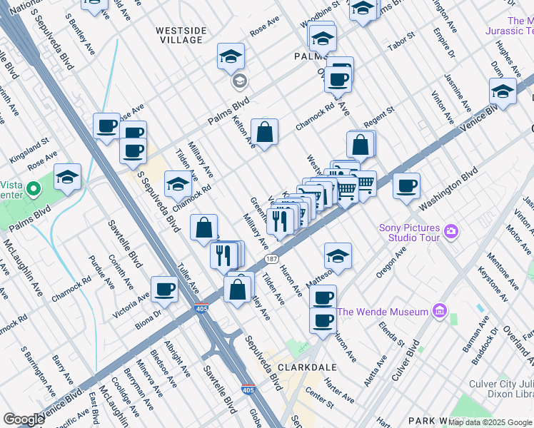 map of restaurants, bars, coffee shops, grocery stores, and more near 3716 Greenfield Avenue in Los Angeles