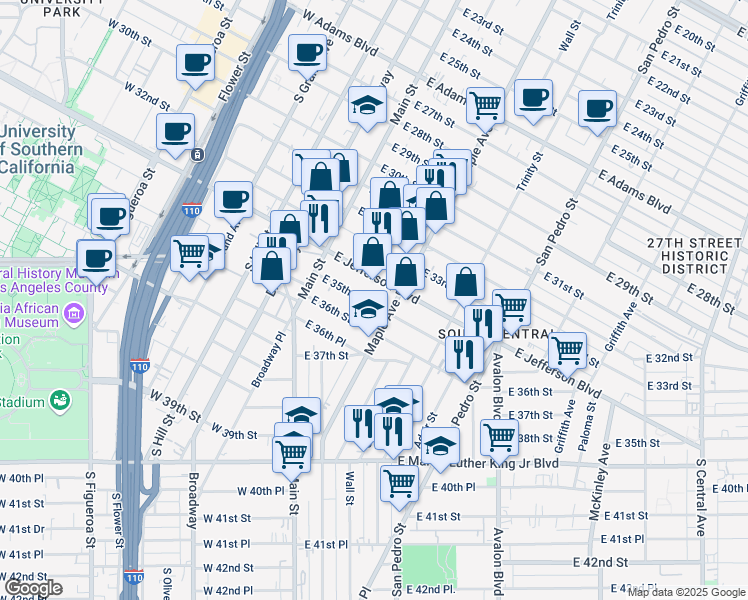 map of restaurants, bars, coffee shops, grocery stores, and more near 177 East 35th Street in Los Angeles
