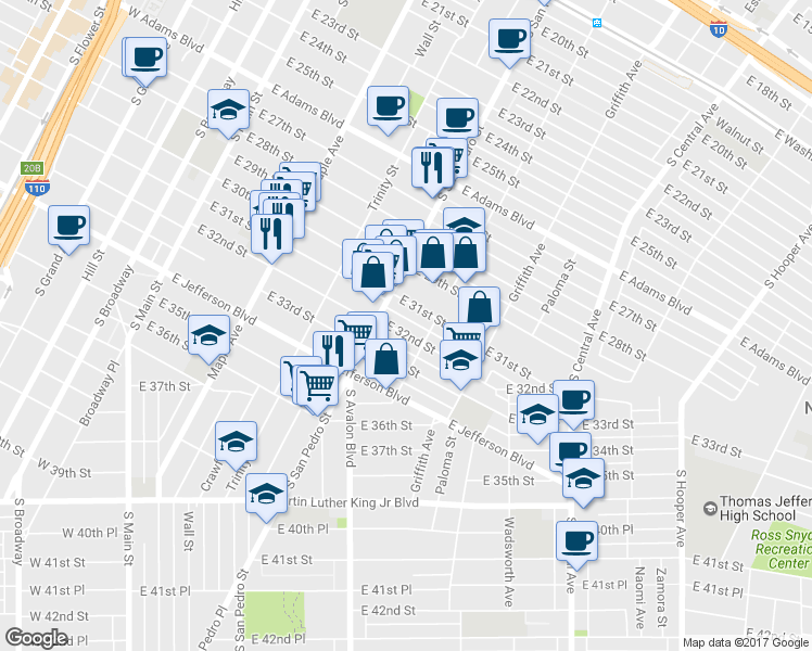 map of restaurants, bars, coffee shops, grocery stores, and more near 729 East 32nd Street in Los Angeles
