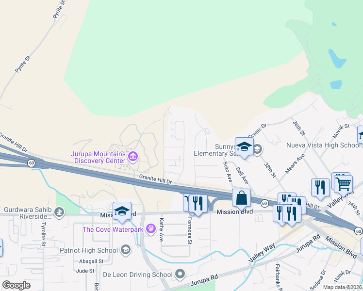 map of restaurants, bars, coffee shops, grocery stores, and more near 7323 Garnet Ridge Road in Jurupa Valley