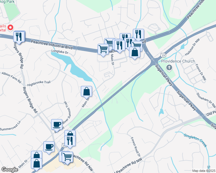 map of restaurants, bars, coffee shops, grocery stores, and more near 2450 Chattahoochee Drive Northwest in Duluth