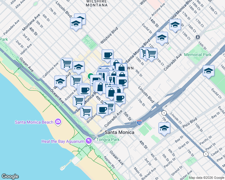 map of restaurants, bars, coffee shops, grocery stores, and more near 1450 6th Street in Santa Monica
