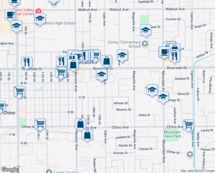 map of restaurants, bars, coffee shops, grocery stores, and more near 5862 C Street in Chino