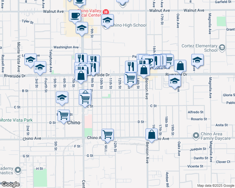 map of restaurants, bars, coffee shops, grocery stores, and more near 13015 12th Street in Chino