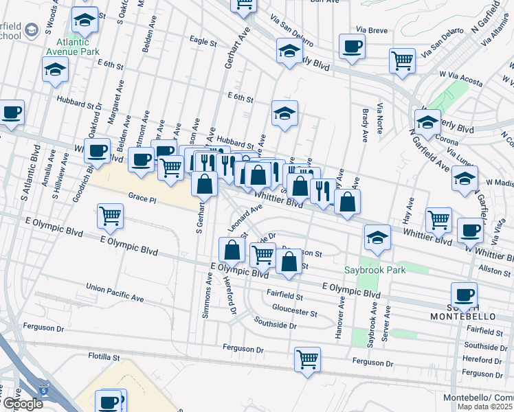 map of restaurants, bars, coffee shops, grocery stores, and more near 5918 El Camino Real in East Los Angeles