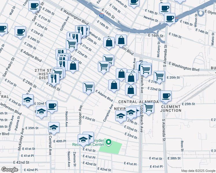 map of restaurants, bars, coffee shops, grocery stores, and more near 1441 East 25th Street in Los Angeles